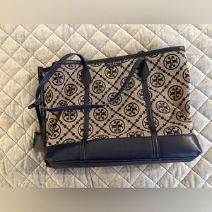 Tory Burch Navy and Tan Patterned Handbag